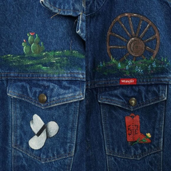 Wrangler Western Denim Jacket Womens Size L DIY Hand Painted Texas Cactus Boot - Picture 9 of 16
